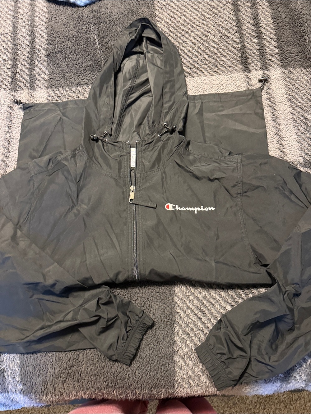 Champion Black Hooded Windbreaker with Logo